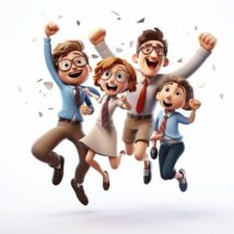 3D character (1) A 3D cartoon illustration of a diverse team of four office workers jumping in the air and celebrating a success.